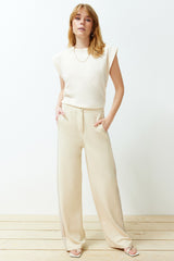 Beige Color Block Straight/straight Cut Flexible Pants Twoss24pl00100