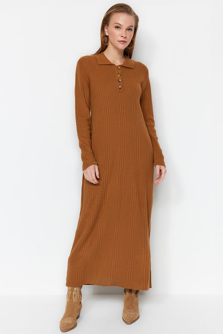 Camel Polo Collar Casual Pattern Ribbon Knitwear Dress Tctaw24eb00025