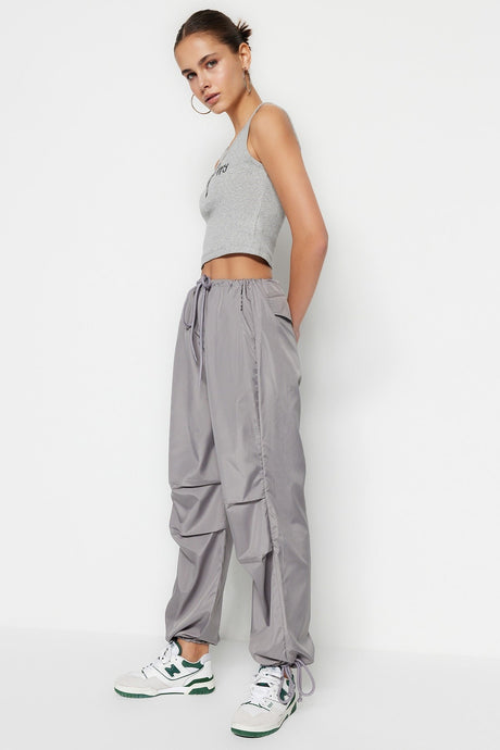 Grey Belt Woven Parachute High Waist Woven Pants Twoss23pl00317