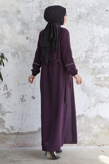 Milena Biye Detail Belted Abaya - Plum Ms00tz7035