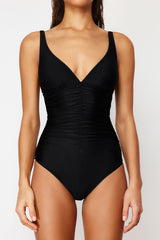 Black V Neck Draped Regular Swimsuit Tbess24ma00090