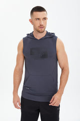 Men's Blue Cotton Plain Printed Pocket Hooded Sleeveless Casual Sports Zero Sleeve Athlete T-shirt T