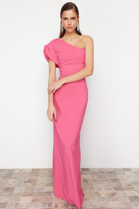 Fuchsia Asymmetric Collar Long Evening Dress Tprss24ae00119