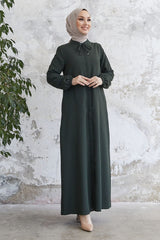 Hidden Patched Abaya With Lace-up Collar - Black Ms00tp00054