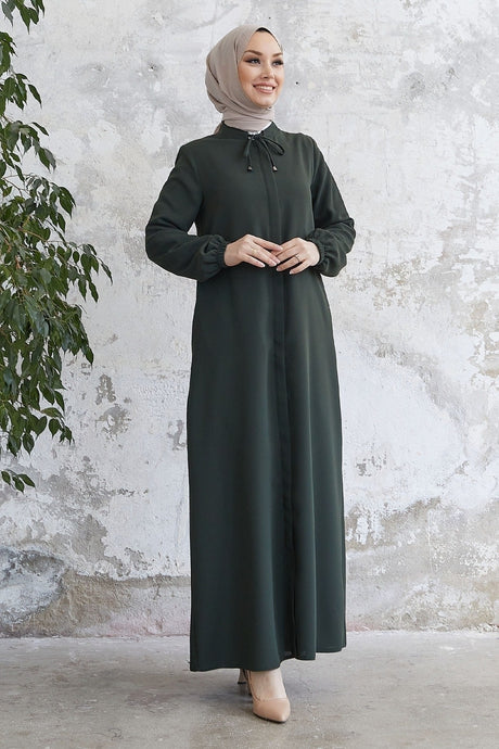 Hidden Patched Abaya With Lace-up Collar - Black Ms00tp00054