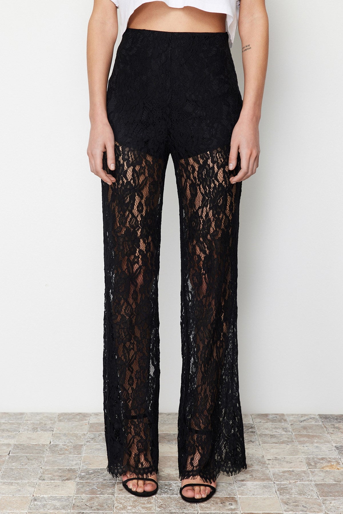 Black Lace Flare Spanish Leg Woven Pants Twoss24pl00096