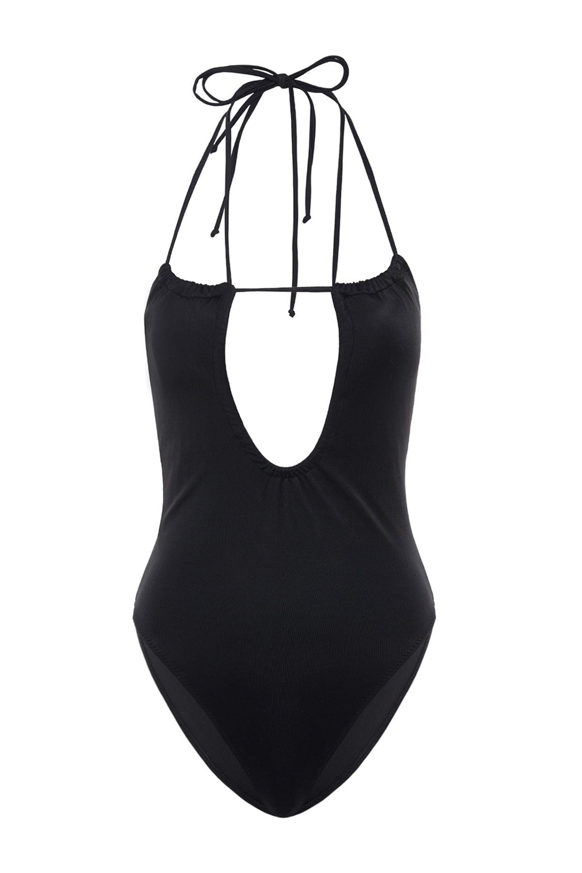 Black Deep V Neck Jointed High Leg Swimsuit Tbess23ma00007