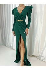 Deep Slit Long Sleeve Plastic Chain Detailed Evening Dress And Graduation Dress 582260 722 Mat-722