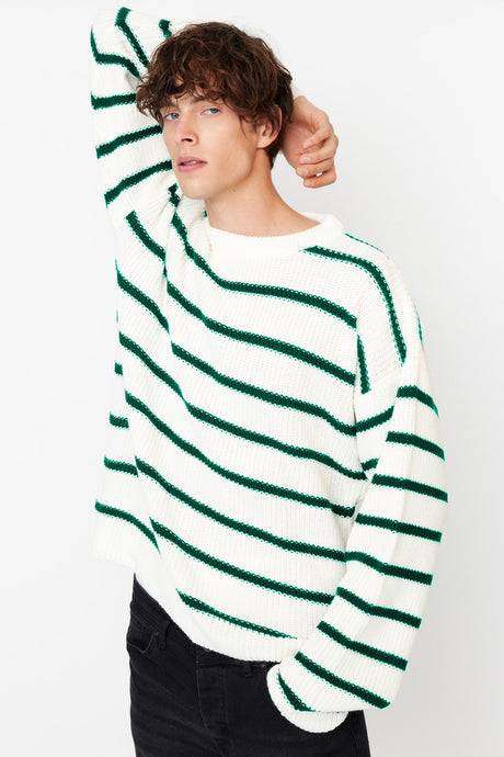 Ecru Unisex Oversize Fit Wide Pattern Cycling Collar Striped Knitwear Sweater Tmnaw23kz00285