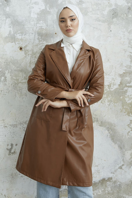 Ayora Double Breasted Collar Leather Trench - Taba Ms00or9834