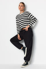 Black Striped Knitwear Look Crew Neck Crop Blouse Twoaw24bz00380