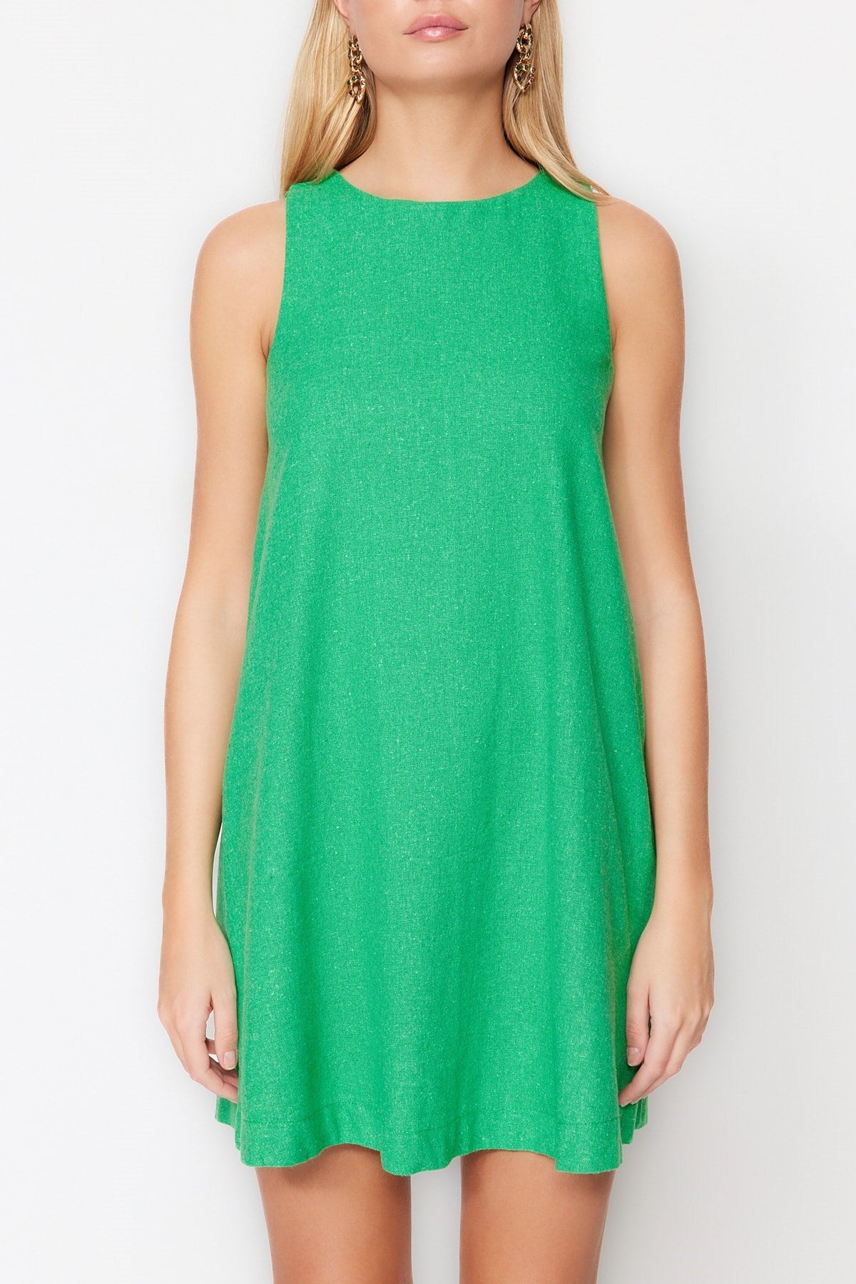 Green Wide Cut Linen Look Sleeveless Mini Woven Dress Twoss23el01497