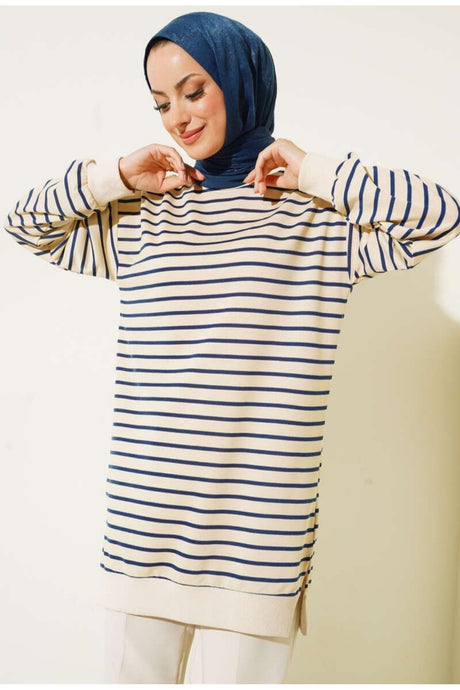 Two Strand Hijab Tunic Striped Sweatshirt Autumn546