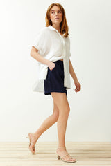 Navy Blue Pocket Regular Pattern Woven Shorts Twoss24sr00032