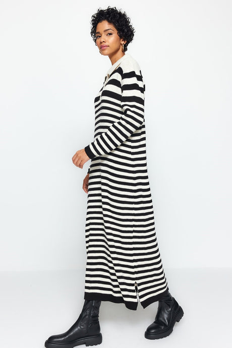 Black Polo Neck Striped Knitwear Dress Tctaw24eb00026