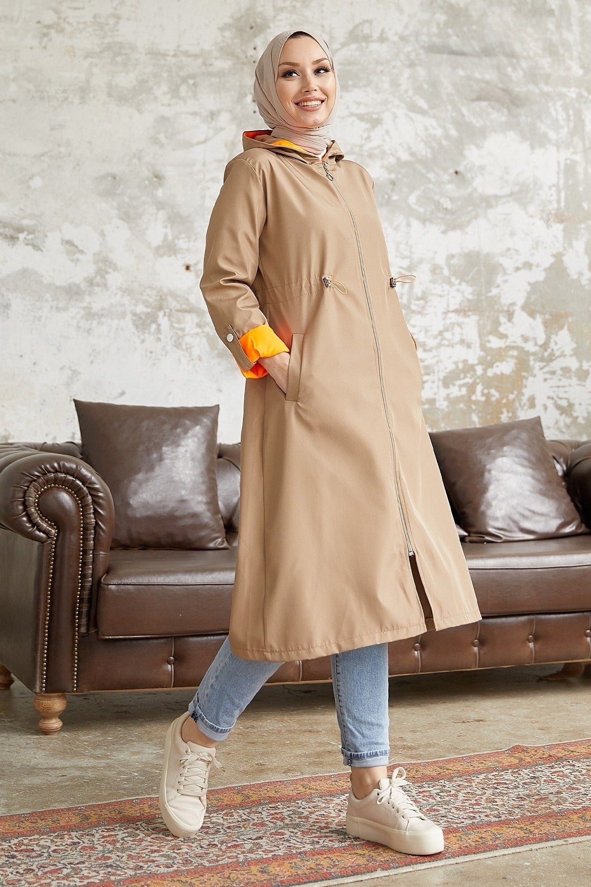 Neon Trench Hooded Sweatshirt At Waist - Taba\ Orange Ms00or12093