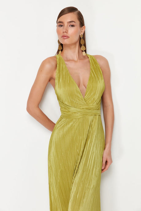 Oil Green Pleated Belt Detailed Knitted Long Night Evening Dress Tprss24ae00020