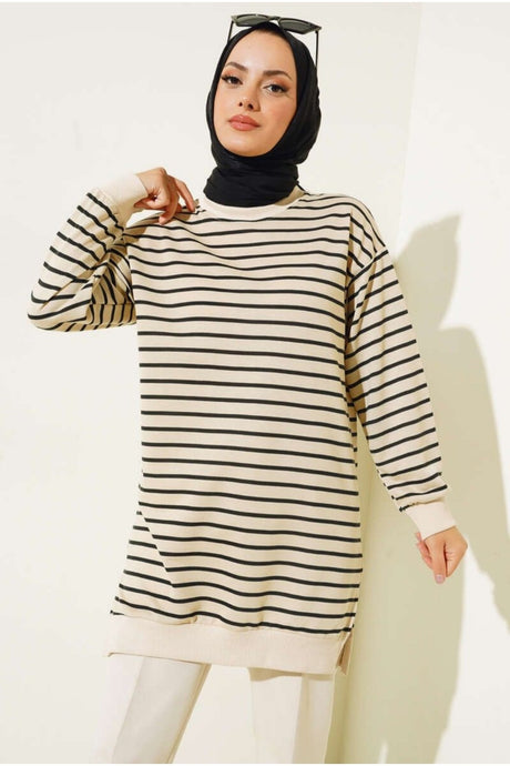 Two Strand Hijab Tunic Striped Sweatshirt Autumn546