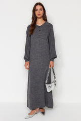 Anthracite Button Detailed Casual Pattern Knitwear Dress Tctaw24eb00125