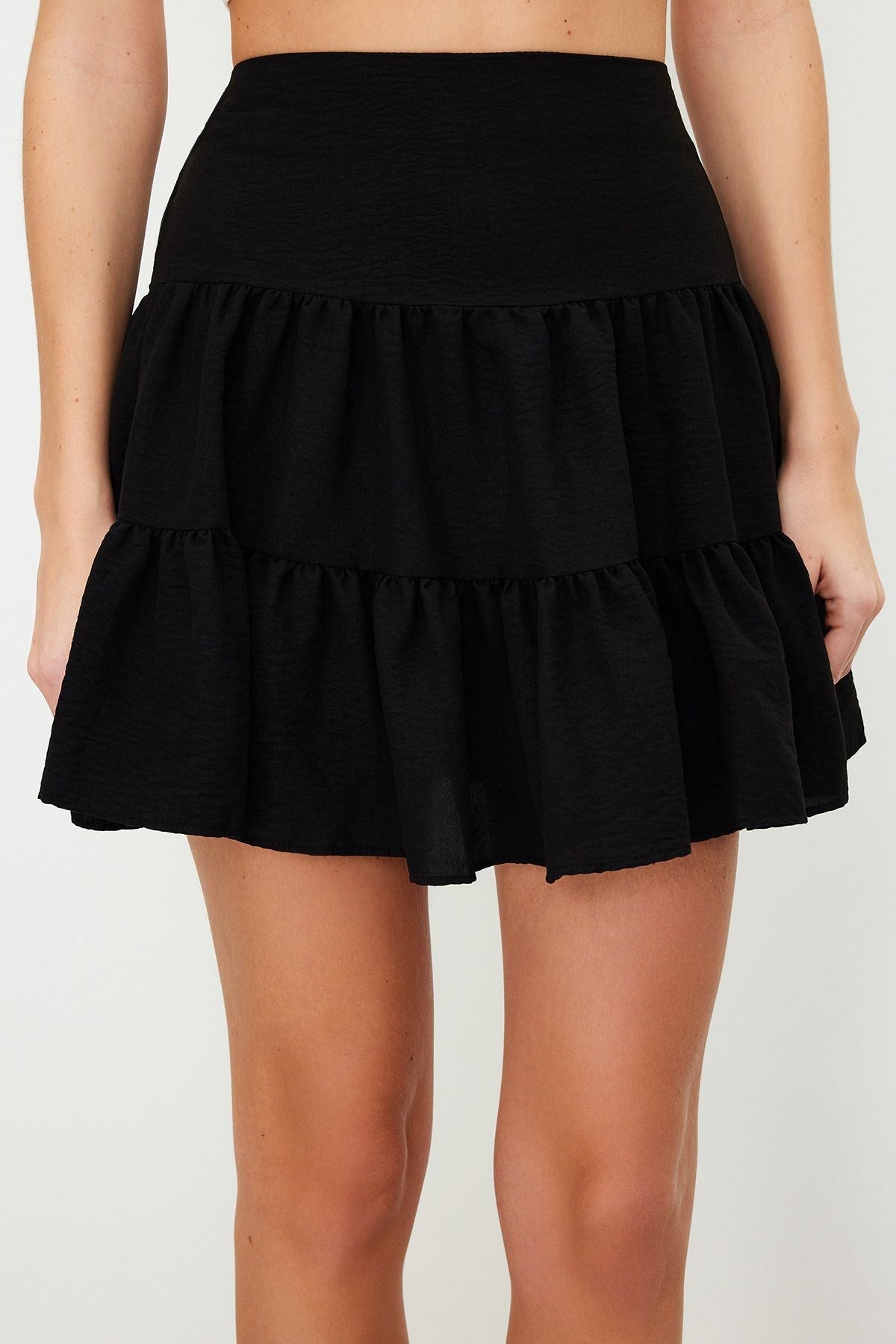 Black Flounce Modal Content Mini Woven Skirt Twoss24et00017