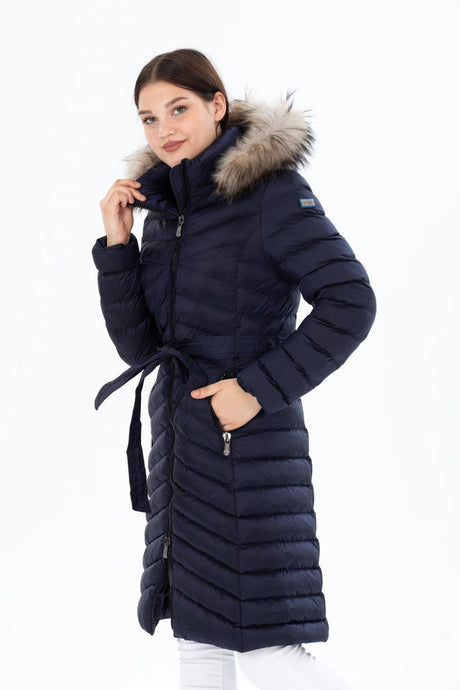 Women's Long Removable Fur Hooded Padded Waist Belt Waterproof Inflatable Coat 8529 1001m8529