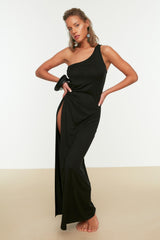 Black Body Sitting Maxi Knitted Slit One Shoulder Beach Dress Tbess22el0706