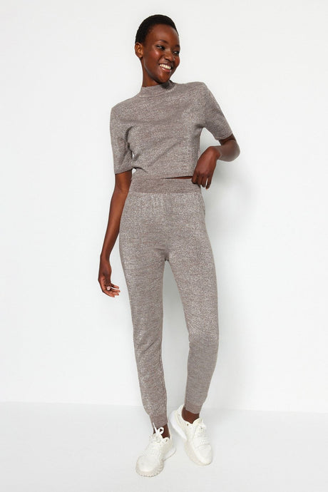 Mink Super Crop Silvery Blouse-pants Knitwear Bottom-top Suit Twoaw24au00075