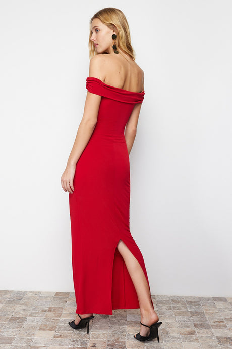 Red Maxi Body Sitting Carmen Collar Flexible Knitted Maxi Pencil Dress Twoss24el00254