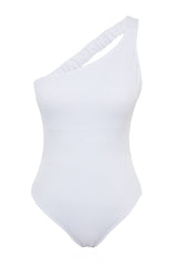 White One Shoulder Ruffle Textured High Leg Regular Swimsuit Tbess24ma00046