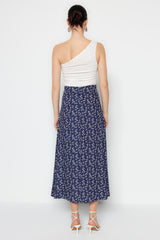 Blue Floral Print Viscose Fabric Midi Woven Skirt Twoss23et00295