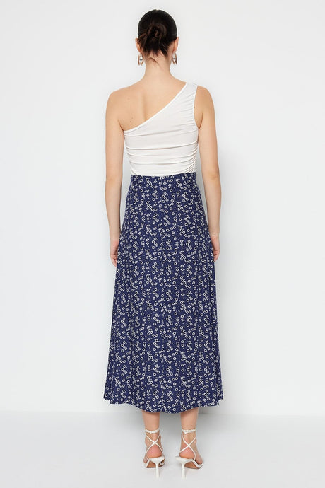 Blue Floral Print Viscose Fabric Midi Woven Skirt Twoss23et00295