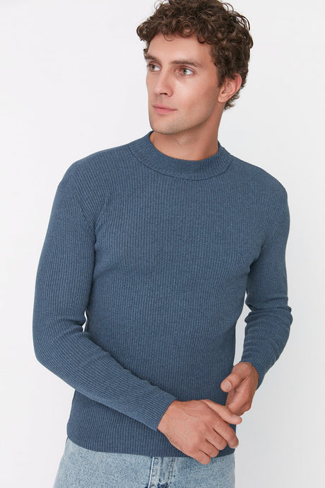 Black-indigo Men's Fitted Narrow Half Turtleneck Rubber Knit 2-piece Pack Knitwear Sweater Tmnaw22kz