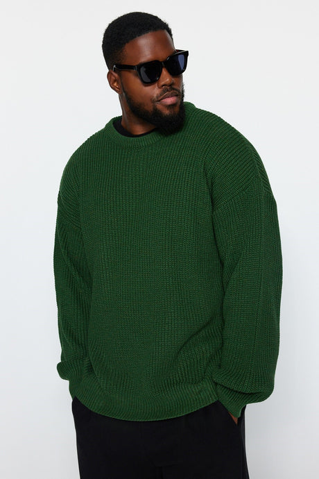 Khaki Plus Size Men's Oversize Fit Wide Pattern Crew Neck Basic Knitwear Sweater Tmnaw24an00001