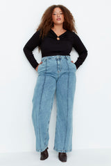 Anthracite High Waist Ribbed Wide Cut Jeans Tbbaw23cj00013