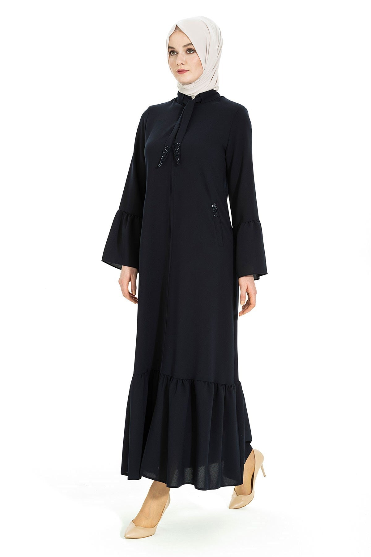 Black Abaya 3457 T22fr3m3457 With Lace-up Stone Embroidered Collar