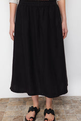 Black 100% Linen Elastic Midi Skirt Twoss24et00153