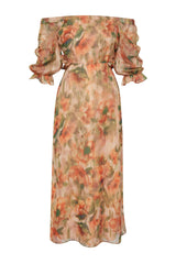 Orange Floral Carmen Collar A Cut/bell Form Chiffon Maxi Lined Woven Dress Twoss23el02422