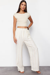 Ecru Striped Wide Leg/wide Leg Woven Pants Twoss24pl00145