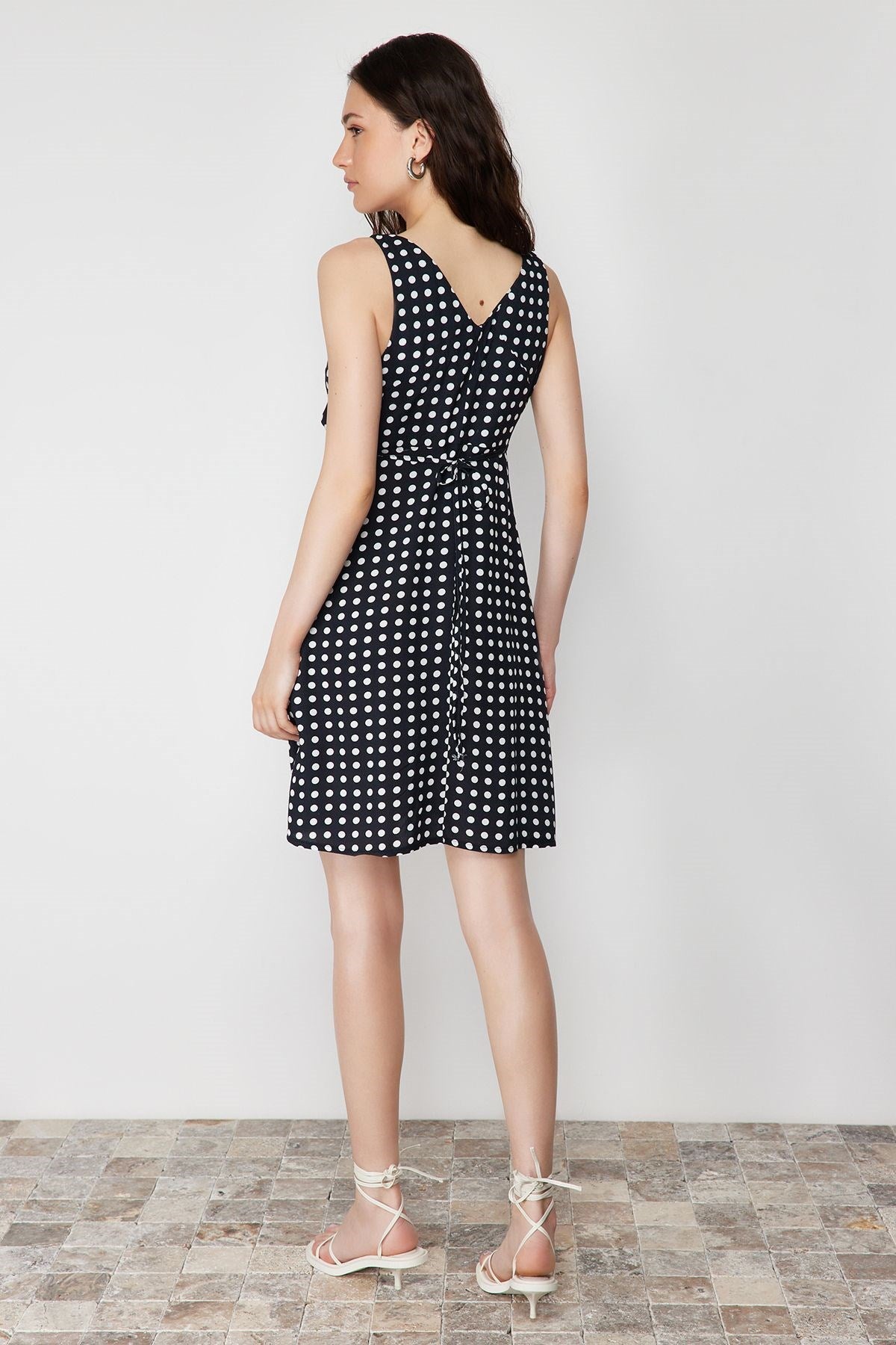 Black Polka Dot V Neck Viscose Mini Woven Dress Twoss24el00509