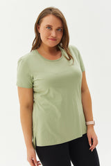 Women's Cream Plus Size 100% Cotton Crew Neck Back Long Basic Short Sleeve Sports Casual T-shirt 010