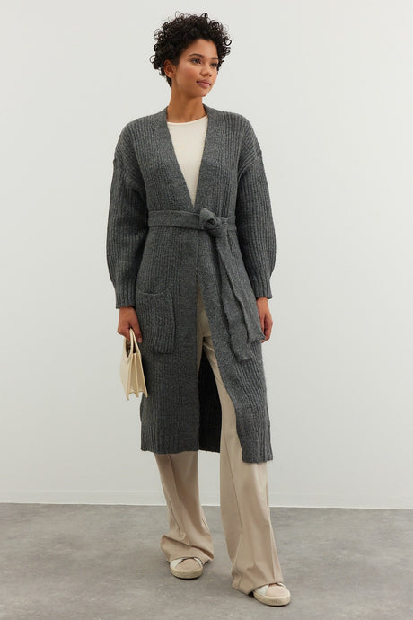 Long Thessaloniki Knit Sweater Cardigan With Anthracite Belt Tctaw24th00016