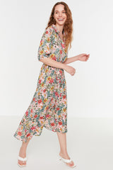 Green Floral Pattern Belted Midi Woven Viscose Shirt Dress Twoss20el1559