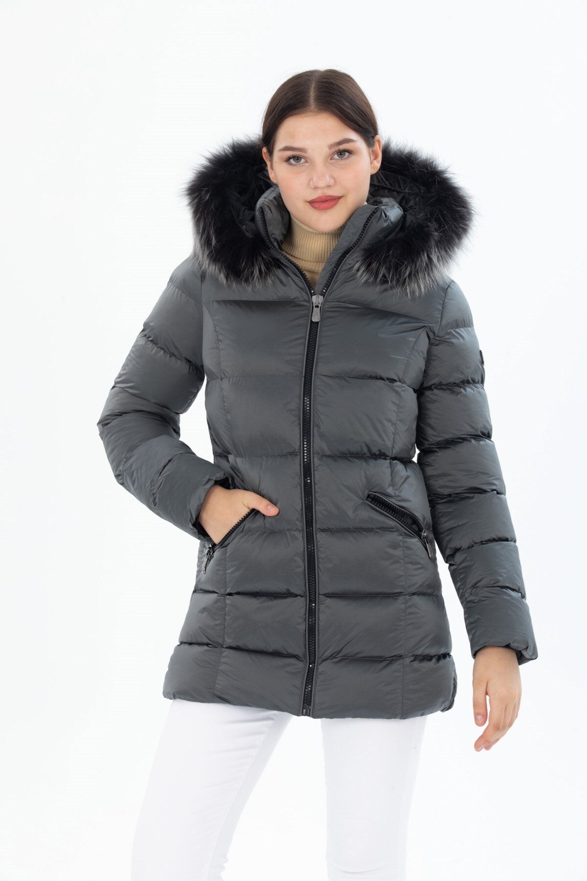 Women's Long Removable Fur Hooded Padded Windproof Water Repellent Inflatable Coat 8651 Gfx8651