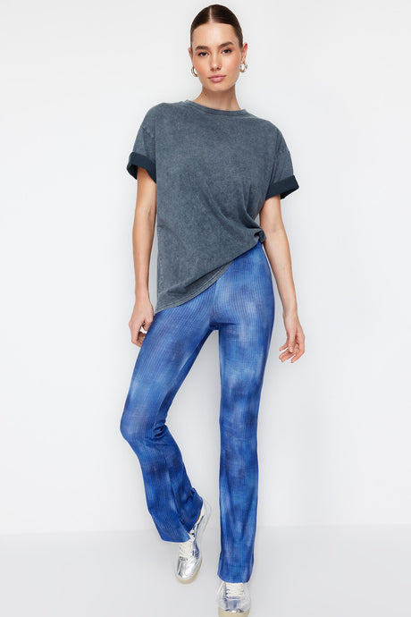 Blue Abstract Patterned Flare/spanish Leg Stretch Pants Twoss24pl00093