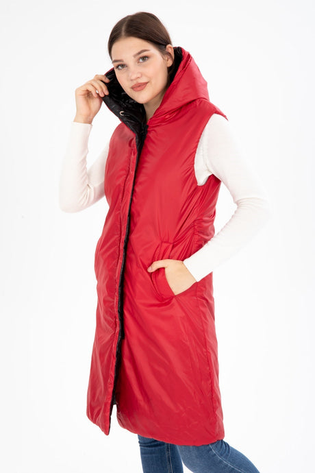 Women's Long Fixed Hooded Padded Double Sided Quilted Fibre Vest 8649 Gfx8649