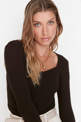 Anthracite Stitching Detailed Fitted/body-fitting Crop Ribbed Stretch Knit Blouse Twoaw22bz0530