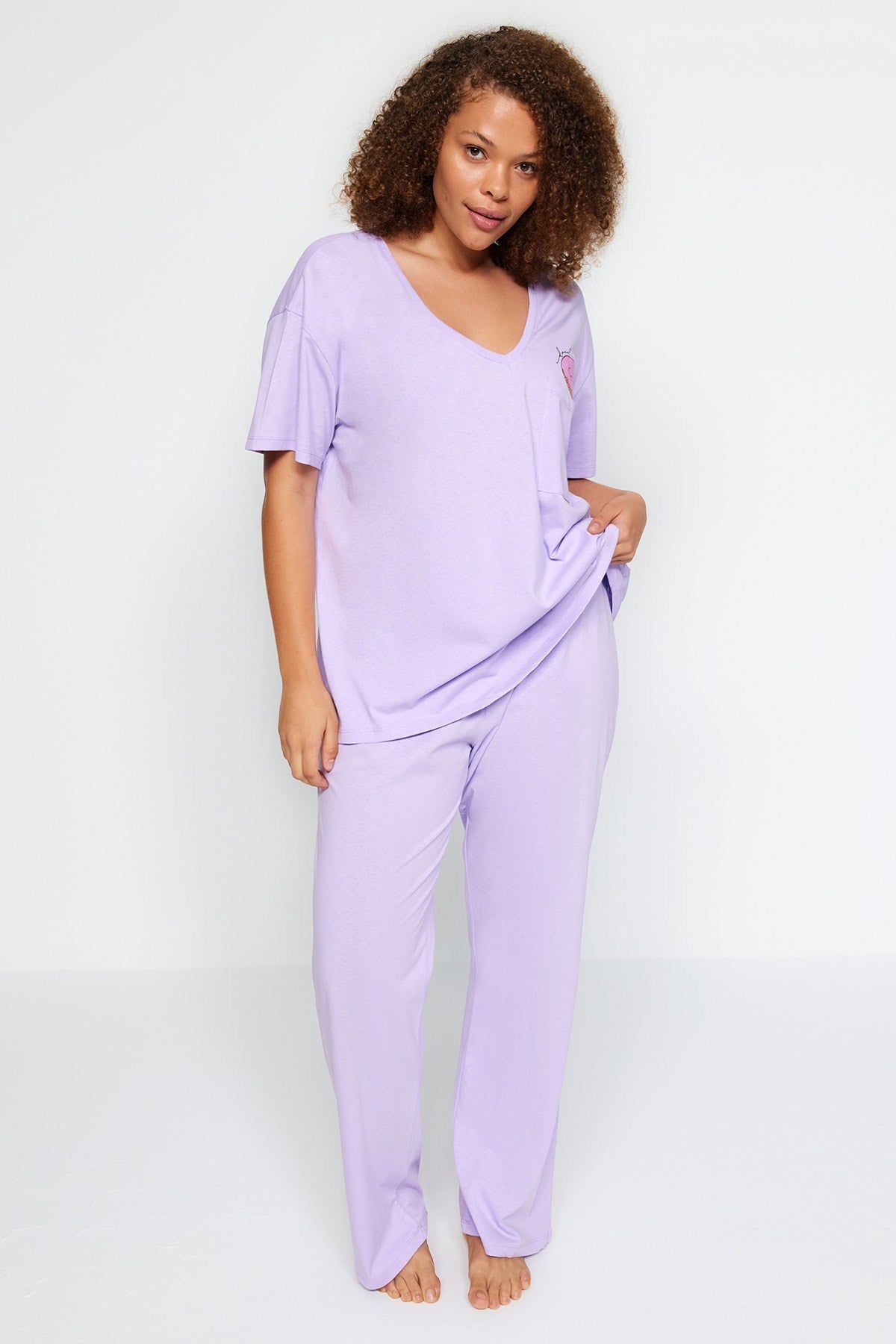 Lilac Printed Pocket Detailed Knitted Pajama Set Tbbaw24ai00004