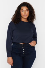 Navy Blue Elastic Waist Slim Crop Knitted Sweatshirt Tbbaw23ao00095