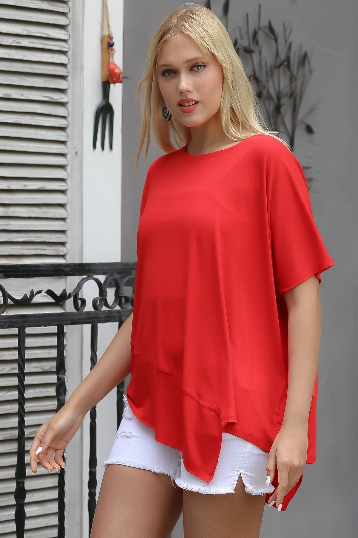 Orange Round Neck Bat Sleeve Knitted Asymmetric Blouse M10010200bl93150