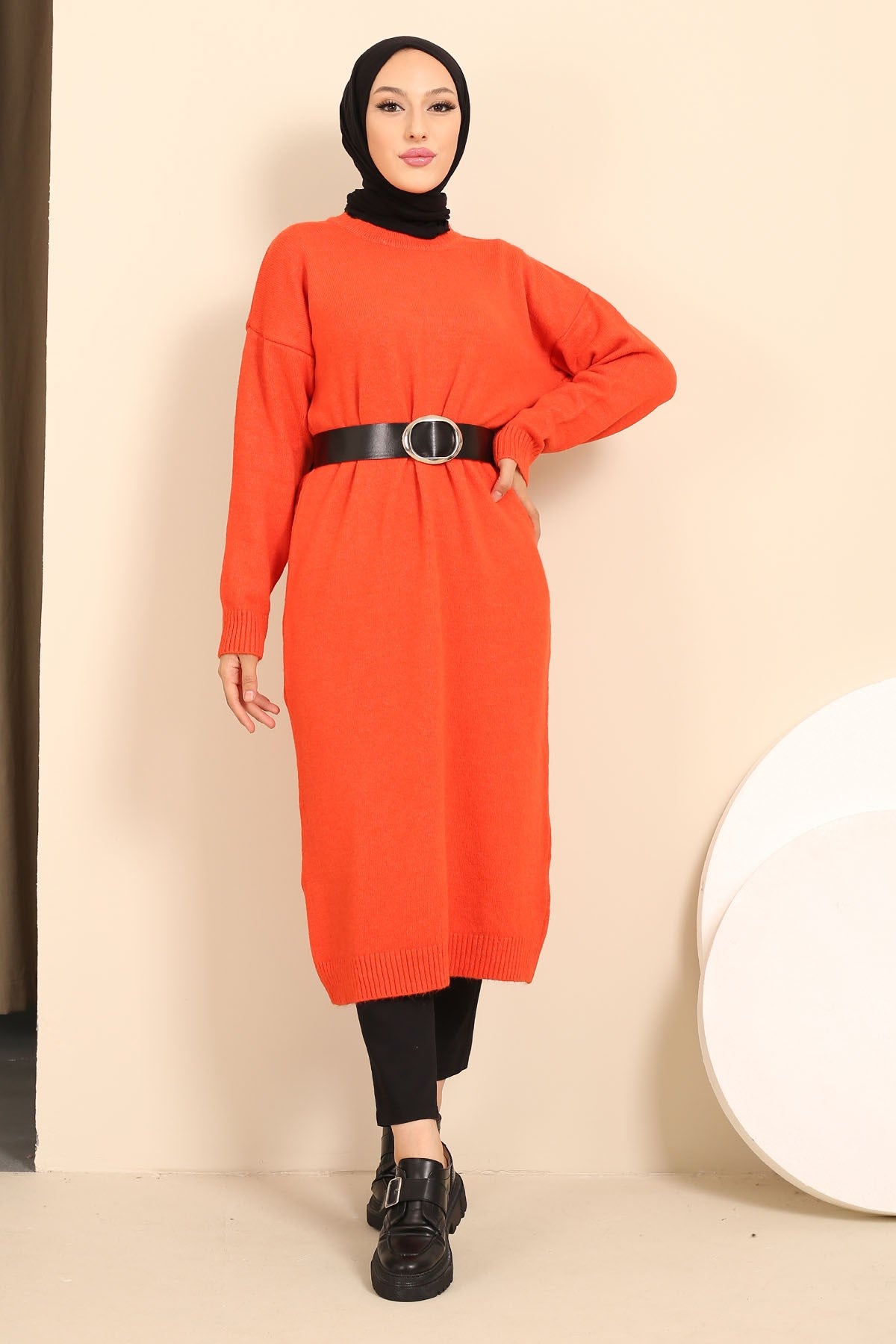 Orange Crew Neck Knitwear Dress Tunic Imj002592